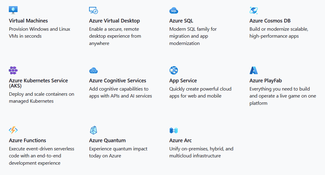 Selection of developer services available from Azure