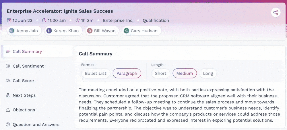 Symbl.ai Insights Details with Call Score