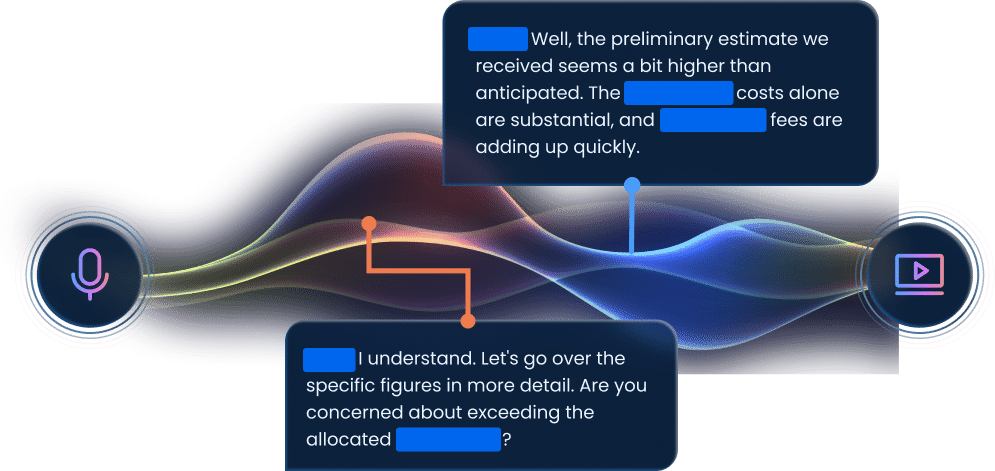 A visual of a conversation with colorful waveforms connecting speech bubbles containing dialog, alongside microphone and video icons.