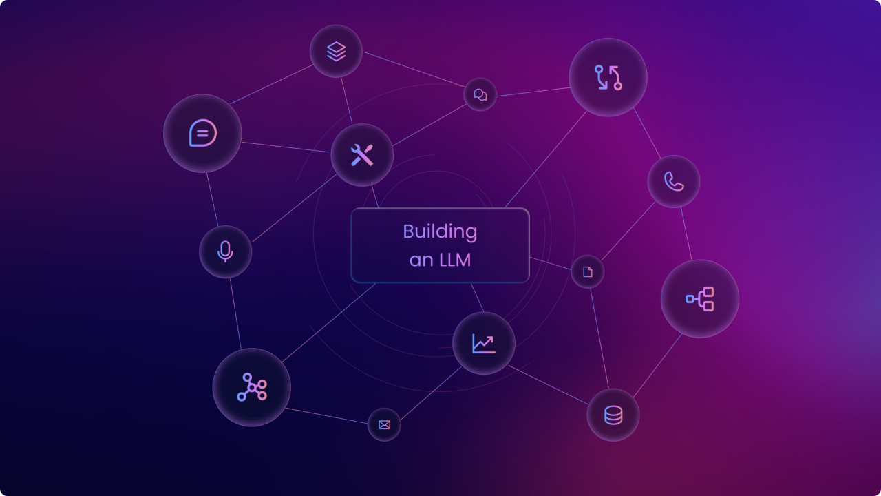 image depicts a diagram titled "Building an LLM" with interconnected icons representing various concepts such as a microphone, chat bubble, database, growth chart, and organizational structure, all on a purple gradient background