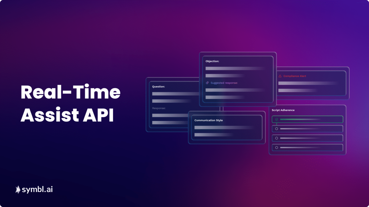 Banner for 'Real-Time Assist API' by symbl.ai, with bold white text on a dark purple background. Multiple interface panels float on the right side, showing features like suggested responses, compliance alerts, and script adherence analysis.